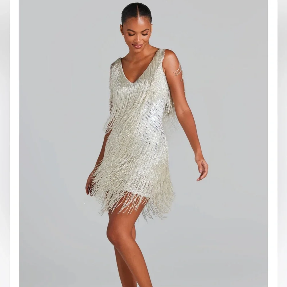 Nadine Merabi Sadie Silver dress. Worn once. Very beautiful beaded dress. Heavy - Picture 3 of 7